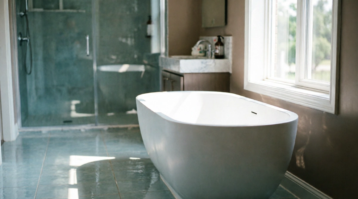 Light porcelain floor tiles in a summer bathroom stay cool underfoot