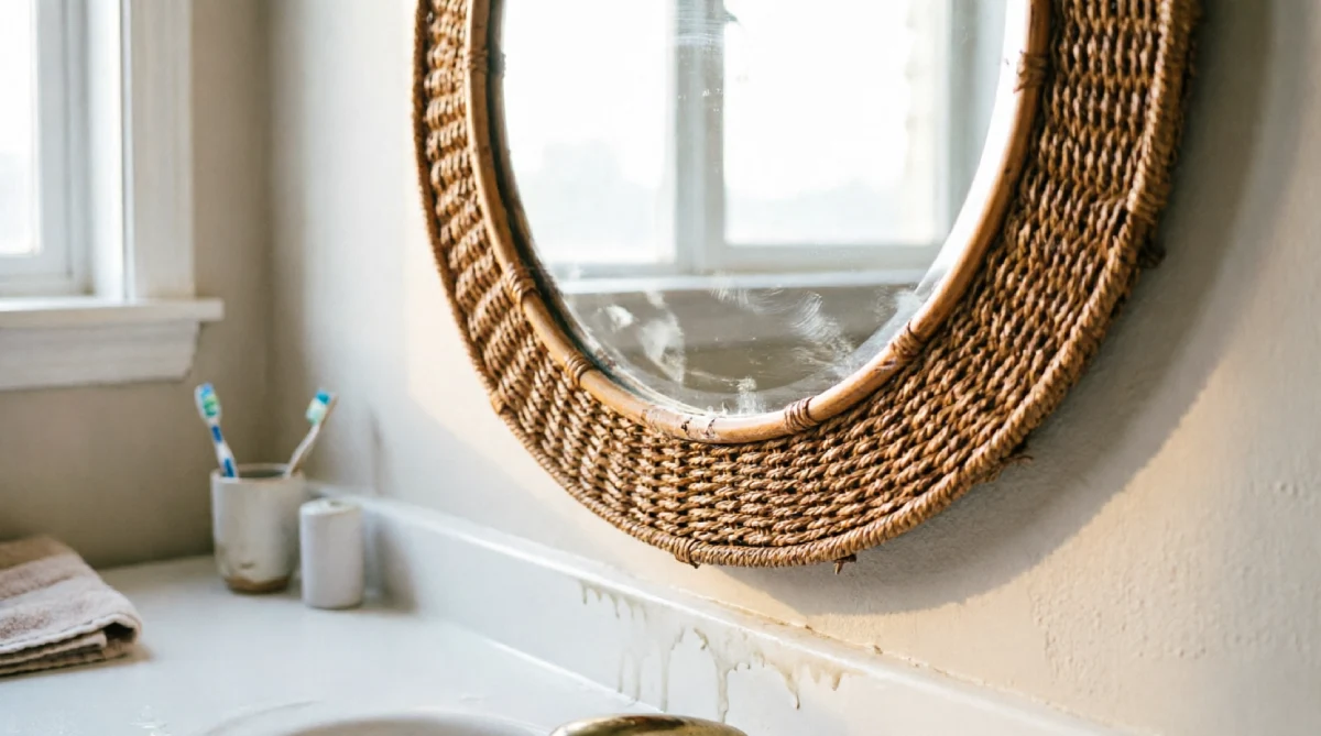Round rattan mirror in a bathroom, a coastal summer styling element