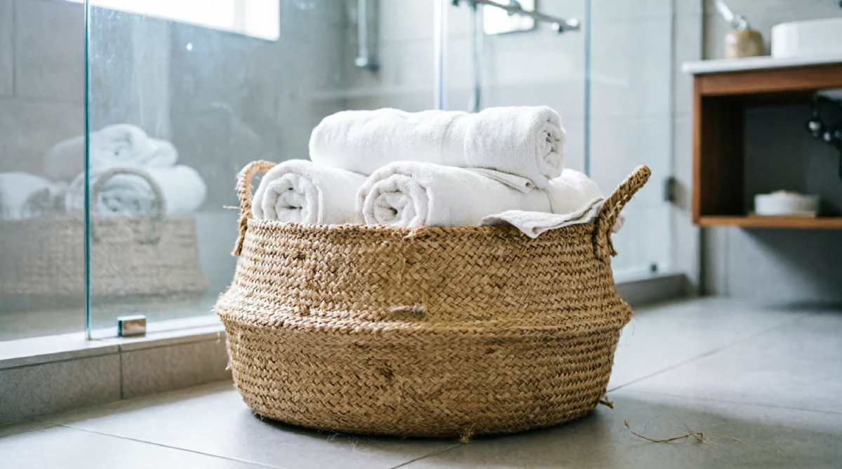 Rolled towels in a freestanding basket, a clean summer bathroom styling approach