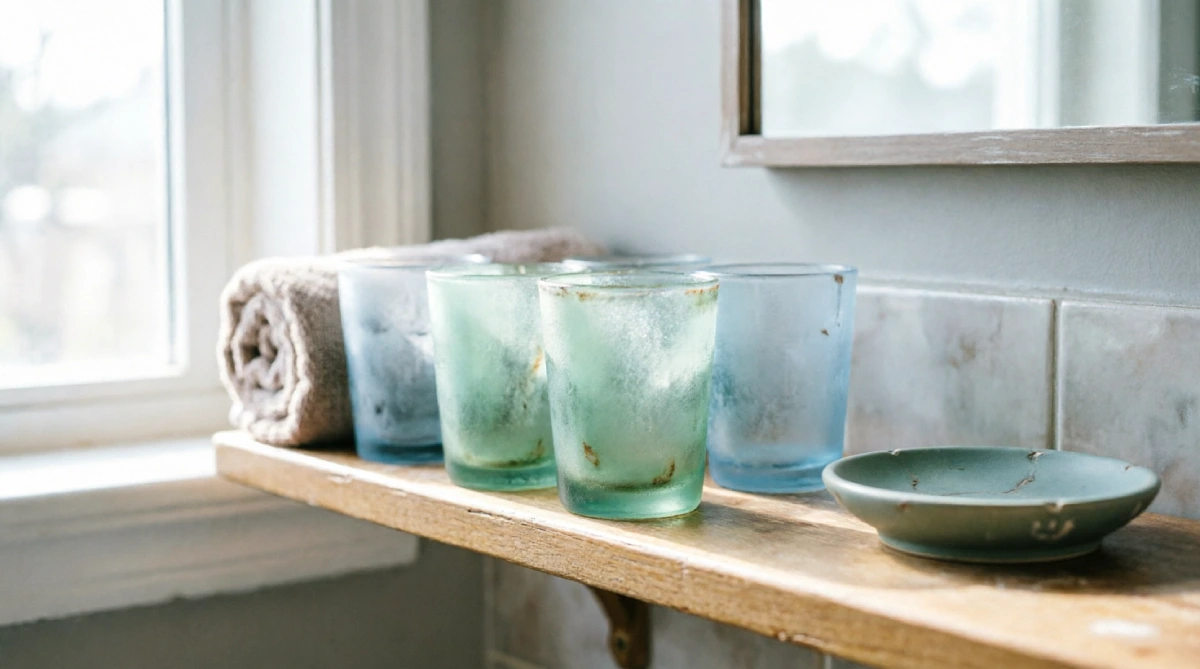 Sea glass inspired bathroom accessories, part of soft summer styling for a clean look.