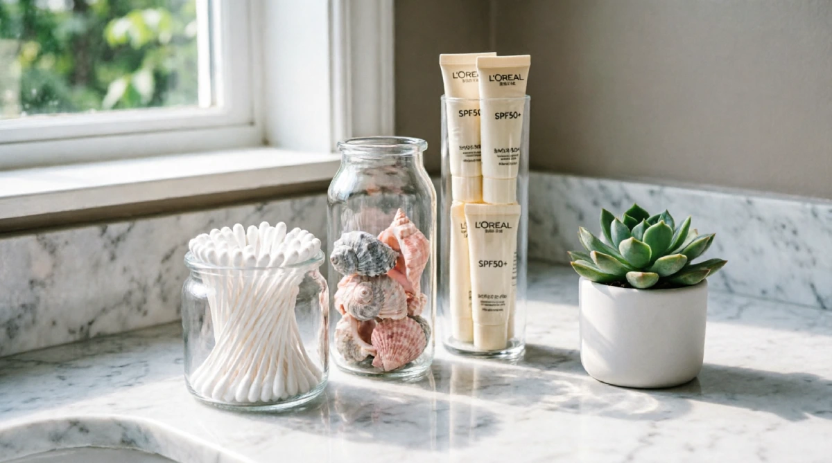 Clear jars on a vanity holding cotton swabs, shells, and summer samples