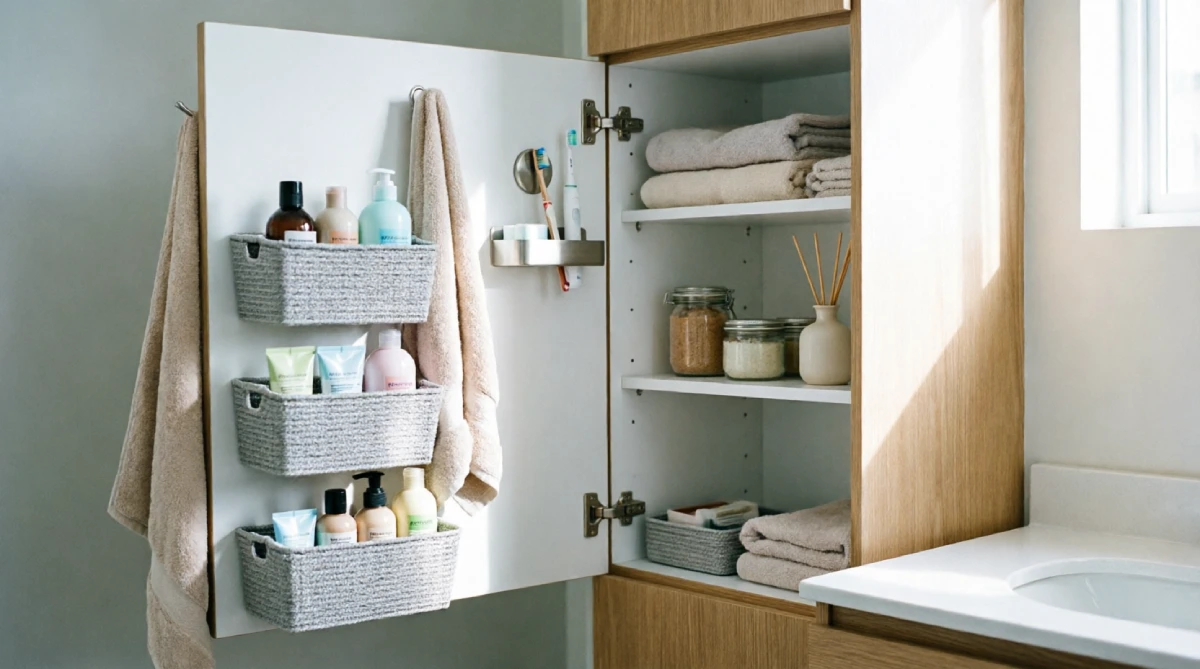 Wire baskets mounted inside a vanity door holding summer hair care products