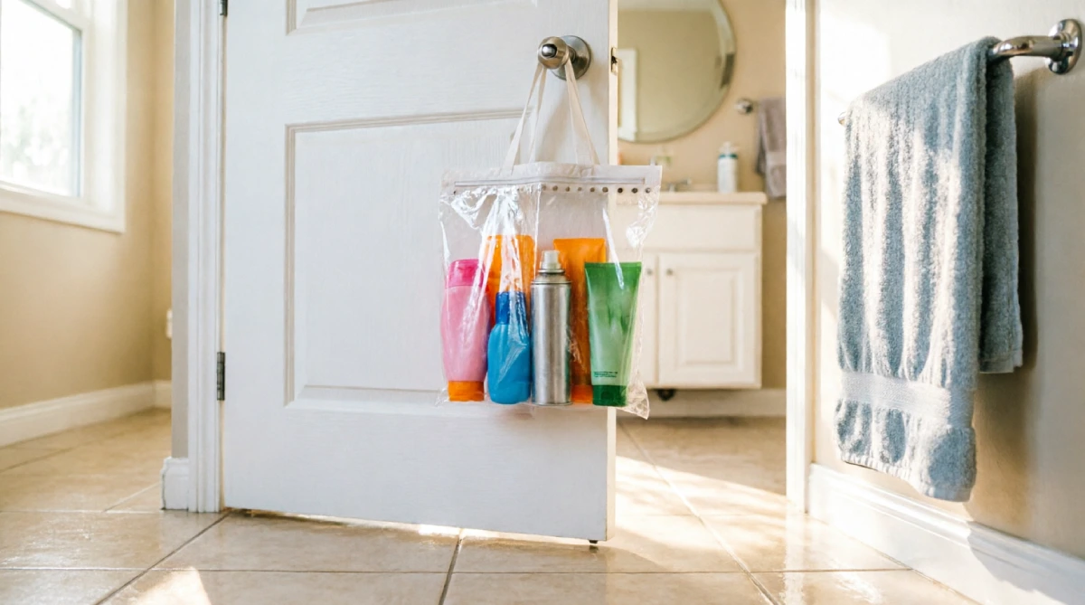 Over-the-door organizer holding summer toiletries in a sunlit bathroom