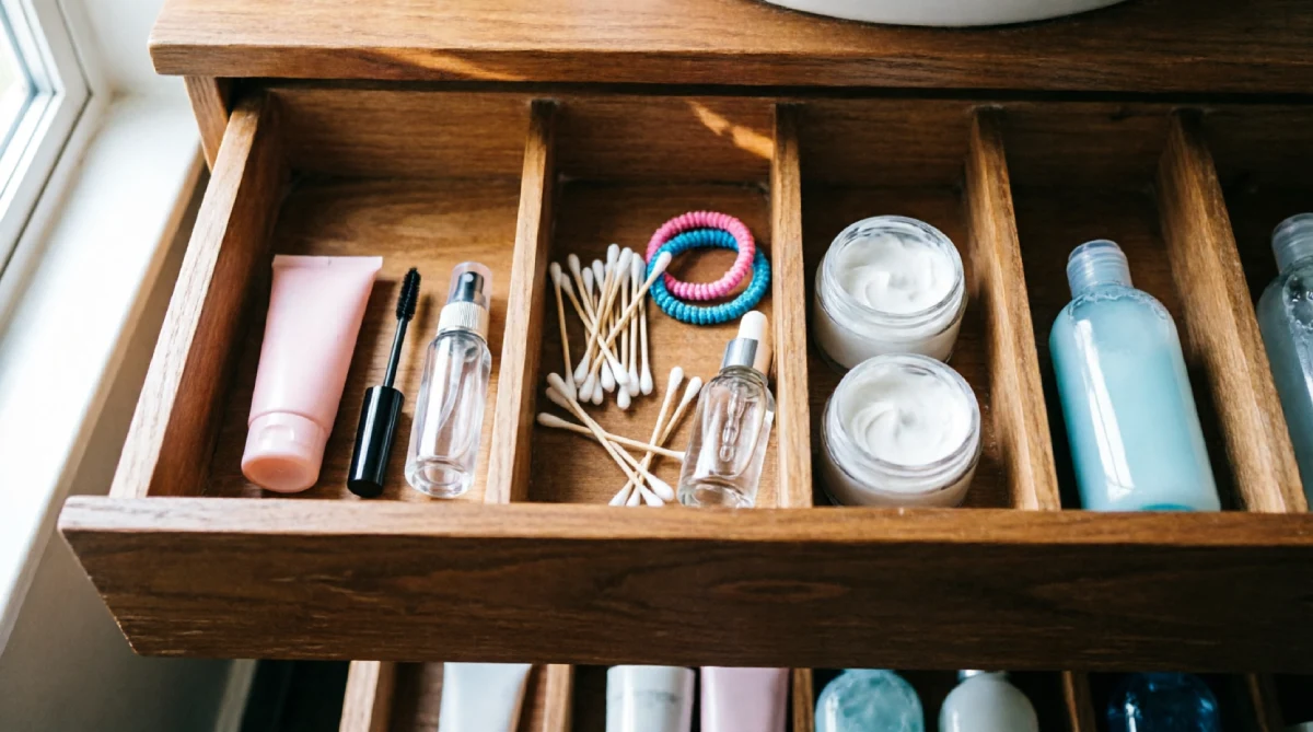 Drawer dividers separating summer makeup and skincare from everyday products