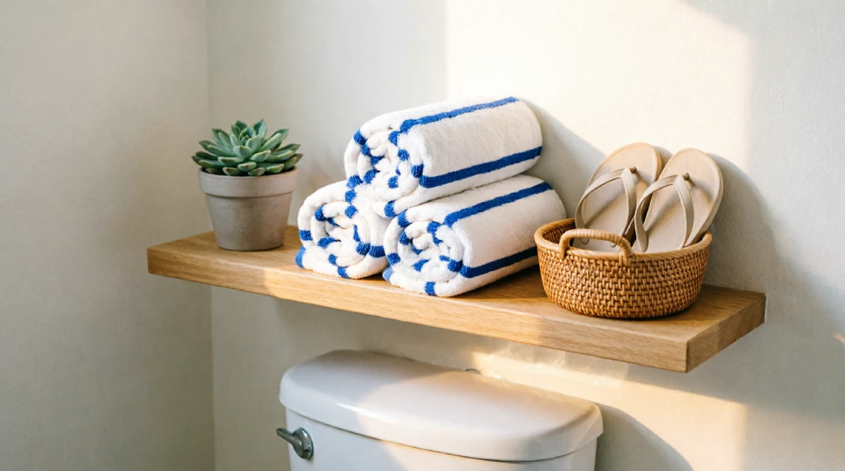 Floating shelf with rolled summer towels and a woven basket in a bright bathroom