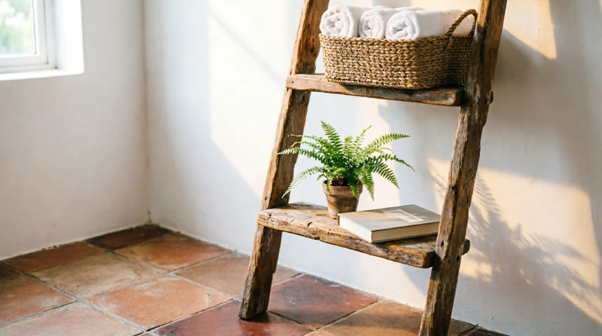 Leaning ladder shelf with towels and baskets in a summer-themed bathroom