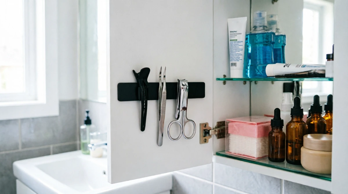 Magnetic strip inside a medicine cabinet organizing small metal grooming tools