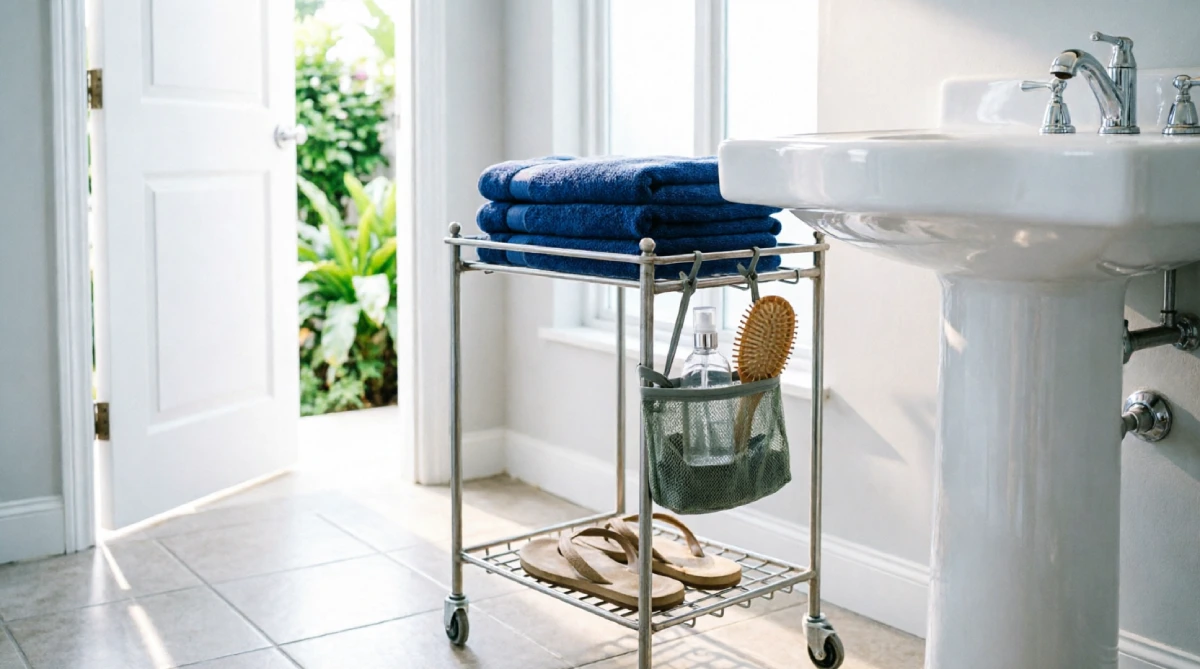 Rolling cart with summer towels and outdoor shower gear in a bathroom