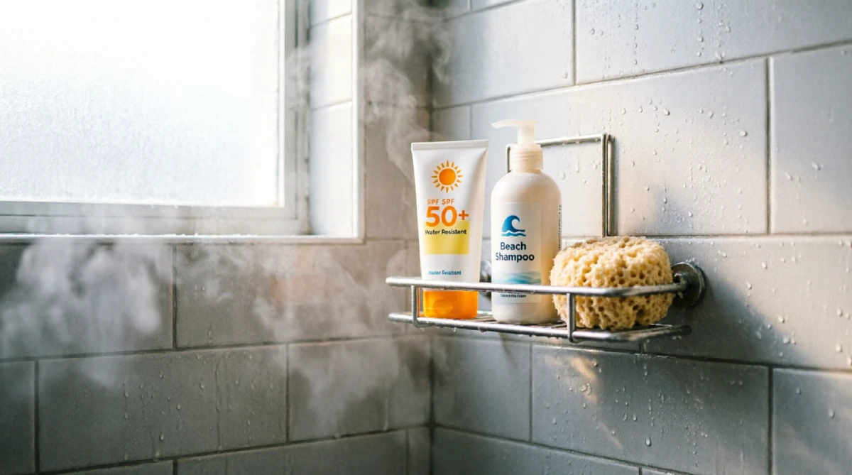 Shower caddy neatly organizing summer toiletries away from the shower floor