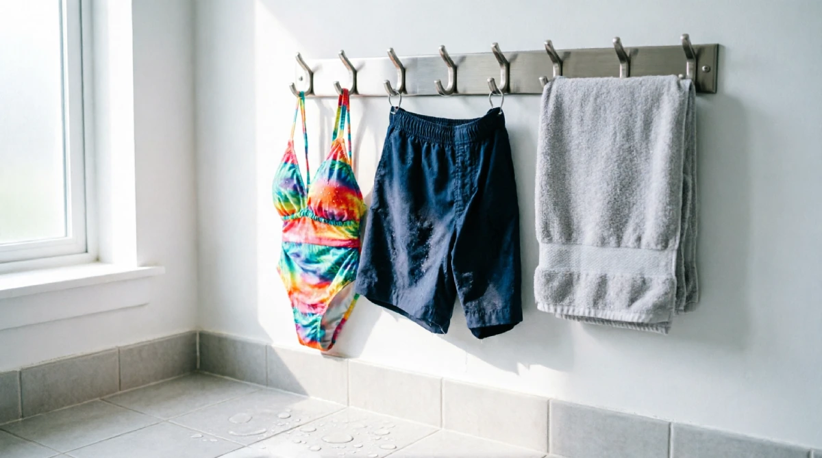 Wall hooks holding damp swimsuits and a towel in a sunny bathroom