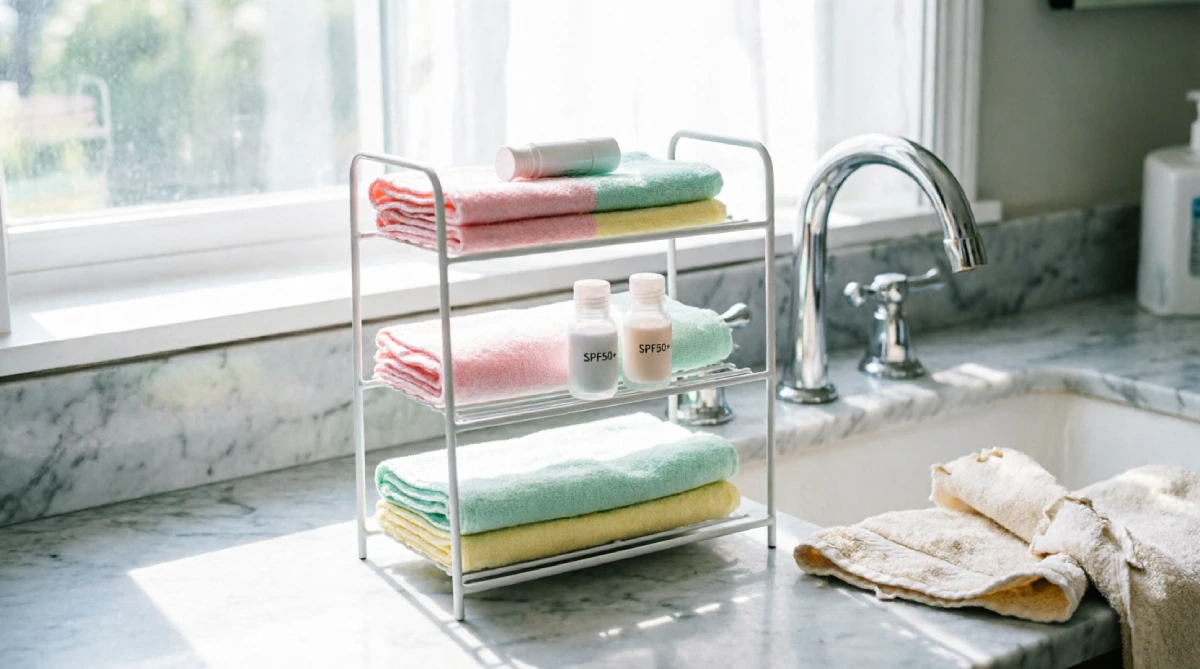 Tiered basket stand organizing small summer toiletries on a bathroom counter