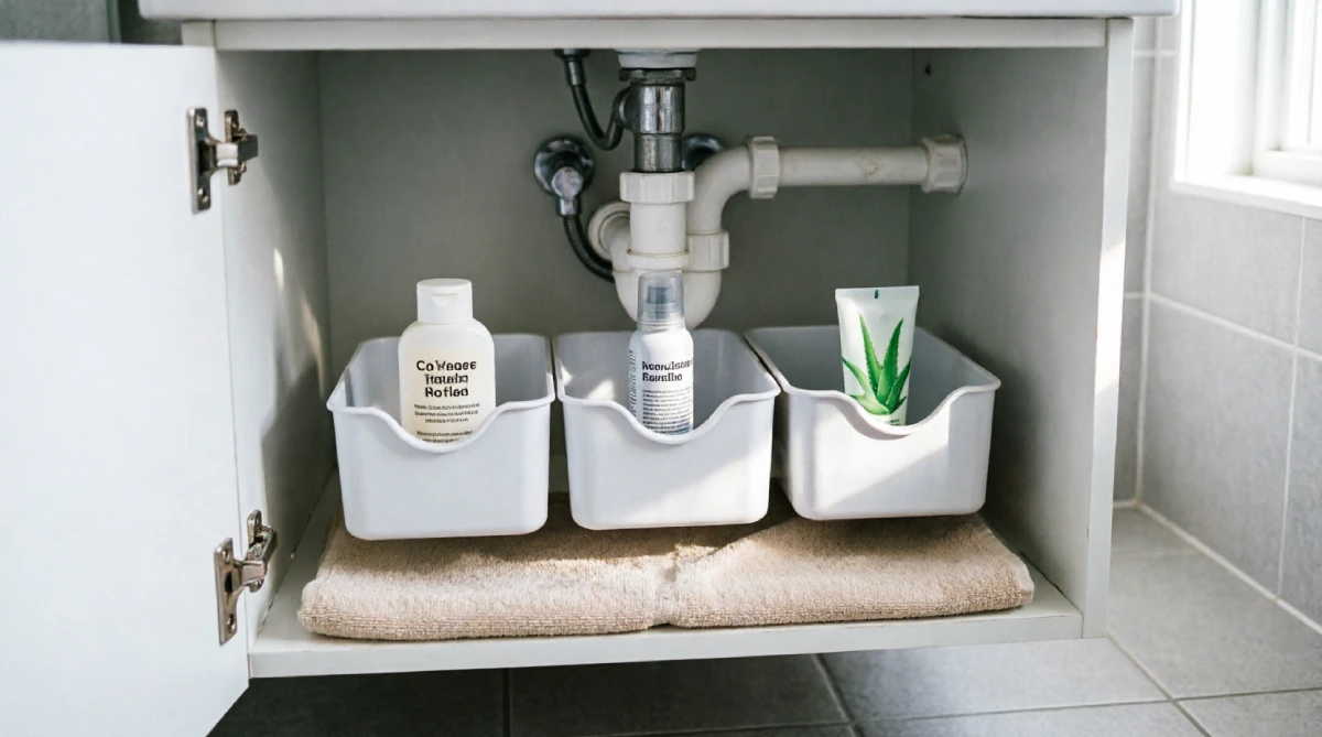 Under-sink cabinet with slide-out bins organizing summer skin care products