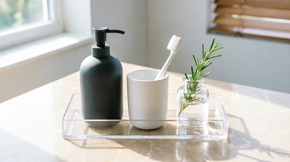 10 Easy Summer Bathroom Upgrades That Feel Fresh - Bathroom - Homedecortoday A clear acrylic organizer tray on a bathroom counter keeping essentials tidy and fresh.