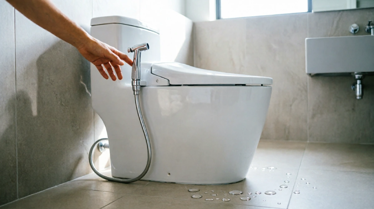 10 Easy Summer Bathroom Upgrades That Feel Fresh - Bathroom - Homedecortoday A bidet sprayer attached beside a toilet for a refreshing summer bathroom upgrade.