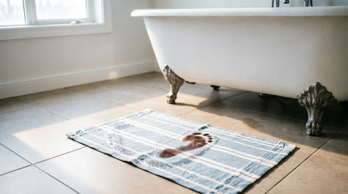 10 Easy Summer Bathroom Upgrades That Feel Fresh - Bathroom - Homedecortoday A striped cotton bath mat drying quickly on a sunny bathroom floor.