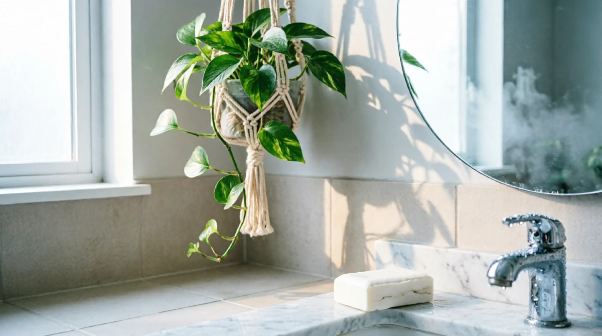 10 Easy Summer Bathroom Upgrades That Feel Fresh - Bathroom - Homedecortoday A hanging pothos plant in a bright summer bathroom adding a fresh, natural touch.