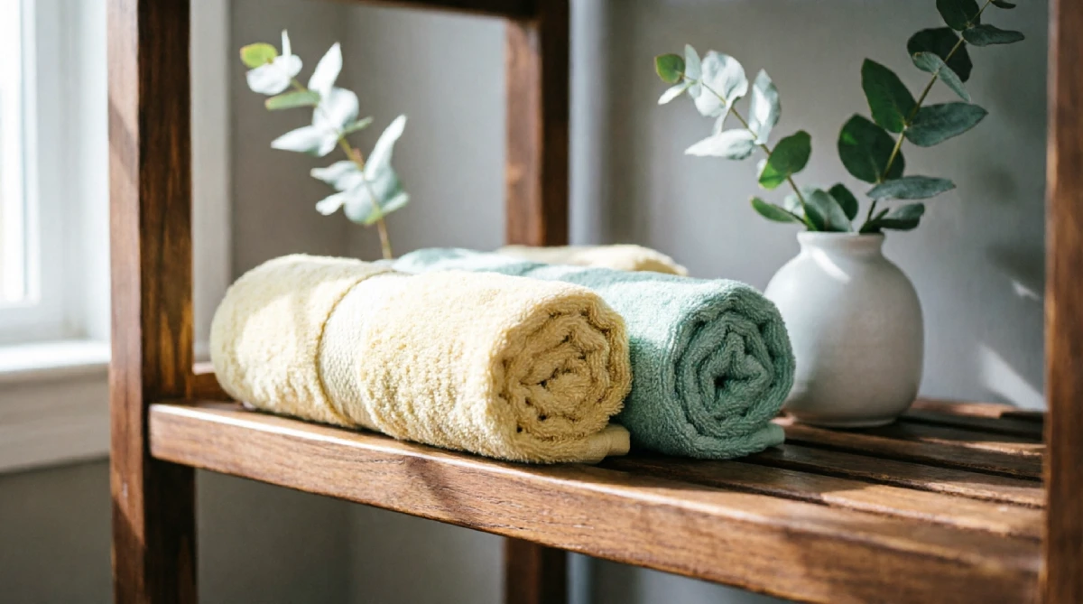 10 Easy Summer Bathroom Upgrades That Feel Fresh - Bathroom - Homedecortoday Soft pastel towels rolled on a bathroom shelf, adding a light summer feel
