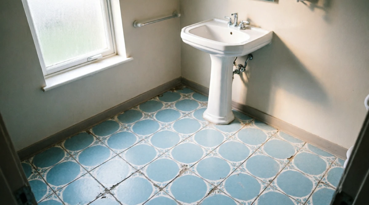 10 Easy Summer Bathroom Upgrades That Feel Fresh - Bathroom - Homedecortoday A bathroom floor updated with peel-and-stick vinyl tiles in a cool summer pattern.