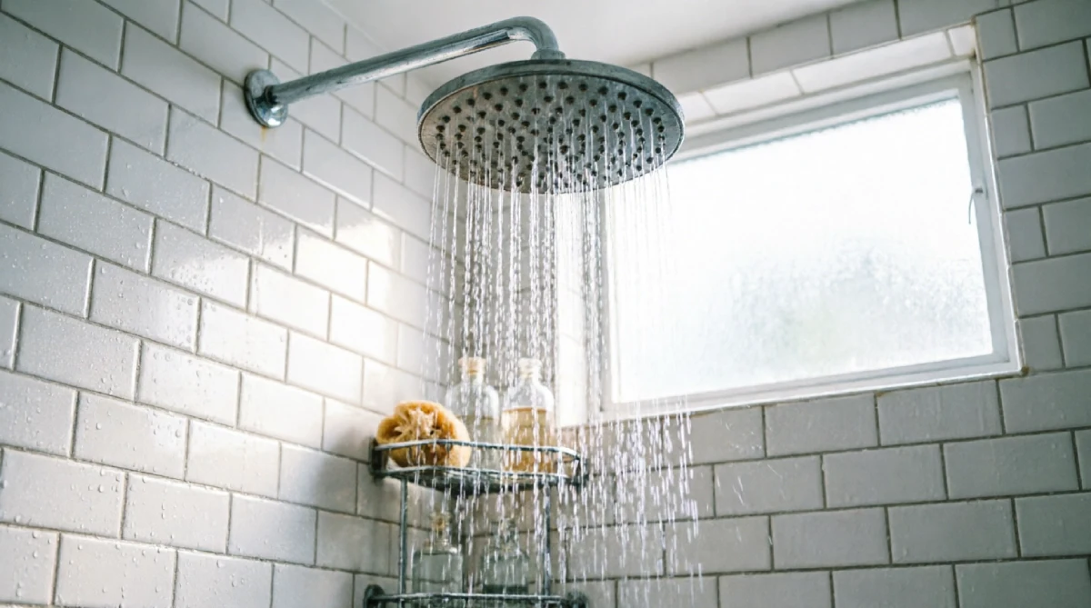 10 Easy Summer Bathroom Upgrades That Feel Fresh - Bathroom - Homedecortoday A rainfall shower head spraying water in a bright bathroom, creating a refreshing summer experience.