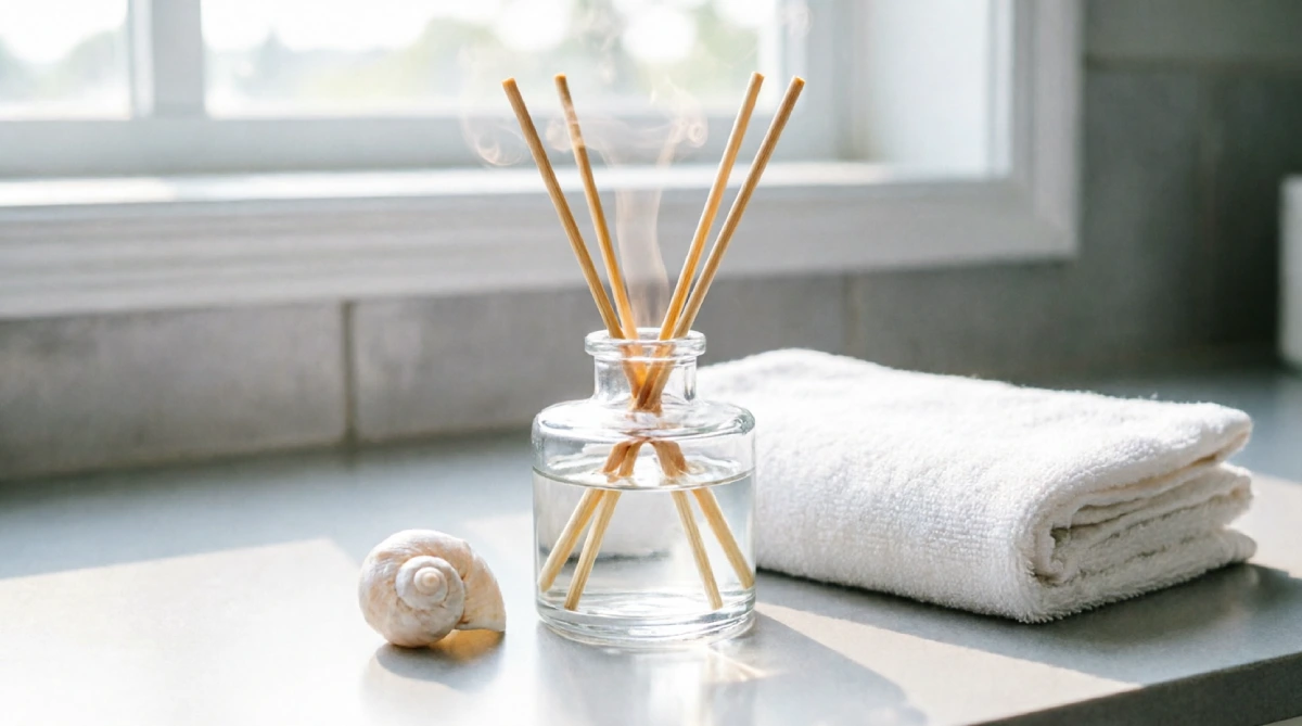 10 Easy Summer Bathroom Upgrades That Feel Fresh - Bathroom - Homedecortoday A reed diffuser with a fresh summer scent on a bathroom counter.