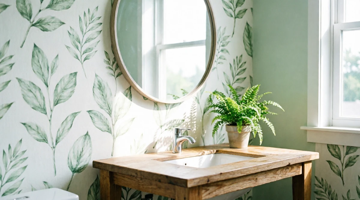 10 Easy Summer Bathroom Upgrades That Feel Fresh - Bathroom - Homedecortoday A bathroom accent wall with botanical removable wallpaper creating a fresh summer look.