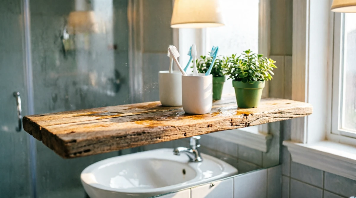 Minimal floating shelf in a bathroom, part of clutter-free summer bathroom styling.