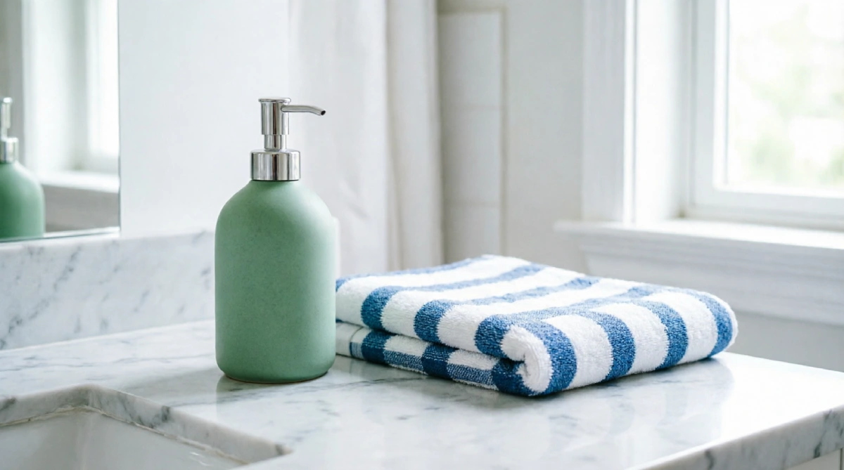 White bathroom with soft green and blue accents, illustrating summer bathroom styling for a clean look.