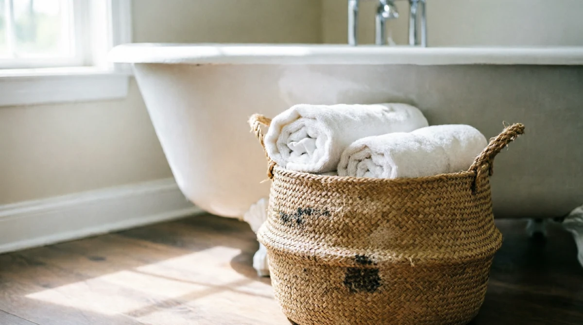 Woven seagrass basket with towels, a summer bathroom styling idea that hides clutter with texture.