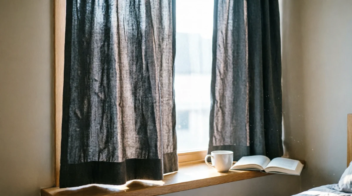  Thermal blackout curtains in a summer bedroom keeping the room cool and dark.