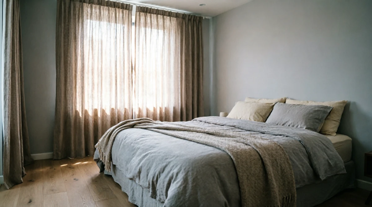 10 Easy Summer Bedroom Upgrades That Improve Sleep - Bedroom - Homedecortoday Light beige blackout curtains covering a bedroom window in summer