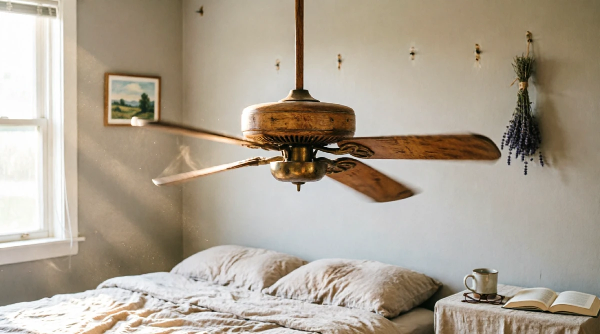 Ceiling fan circulating air in a summer bedroom for improved comfort.