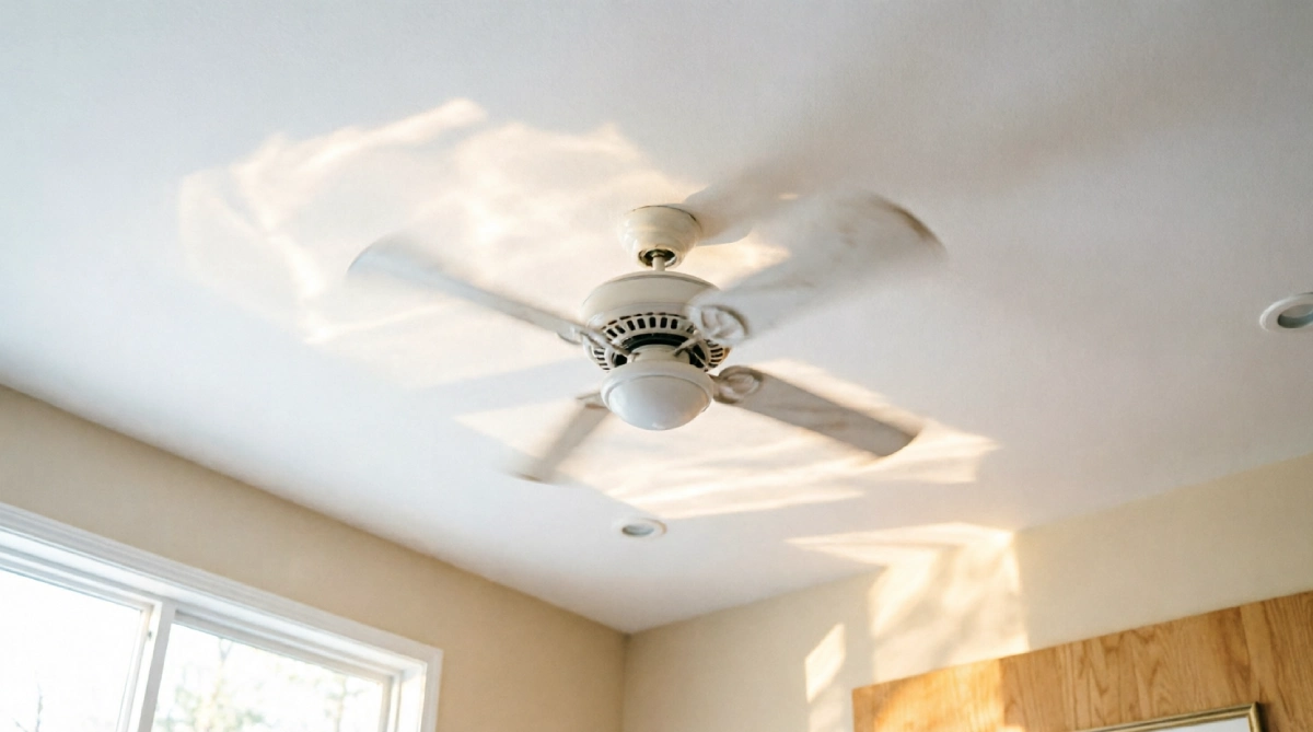 Ceiling fan rotating counterclockwise for summer bedroom cooling