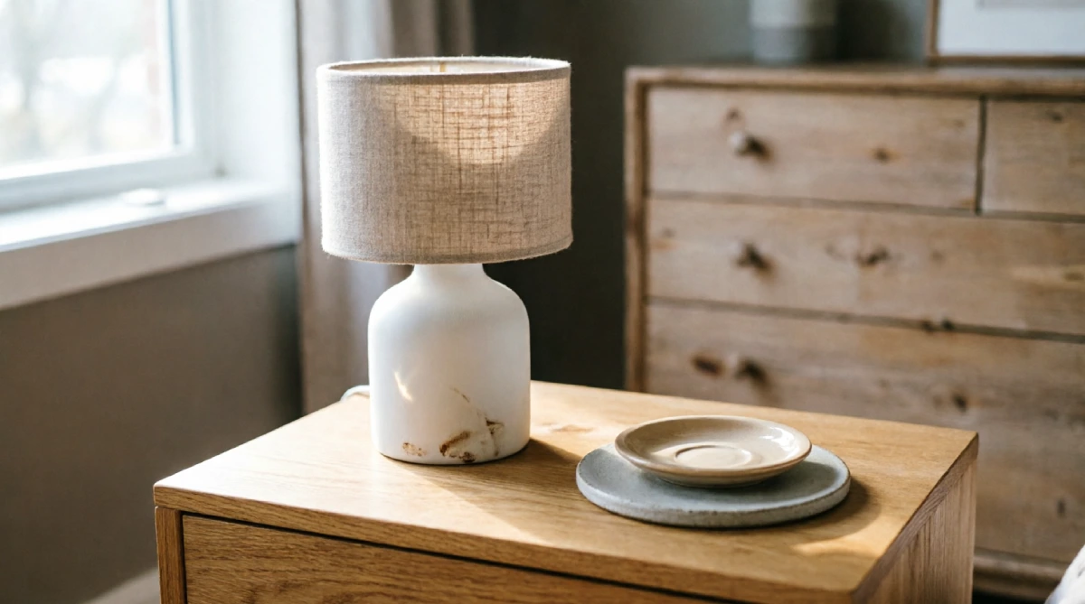 15 Summer Bedroom Styling Ideas for a Relaxing Look - Bedroom - Homedecortoday Minimal bedside table with a lamp and coaster in a clean, uncluttered summer bedroom
