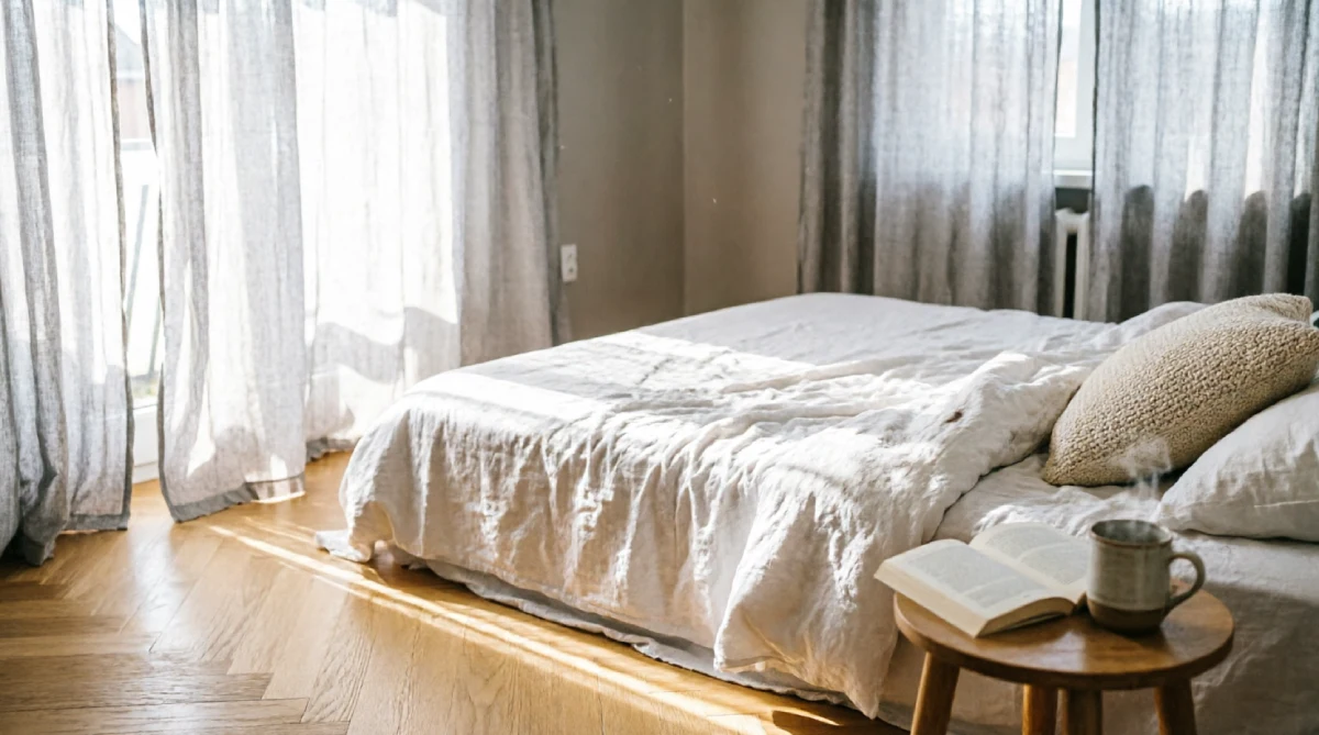 Light and airy bedroom with linen sheets for summer cooling