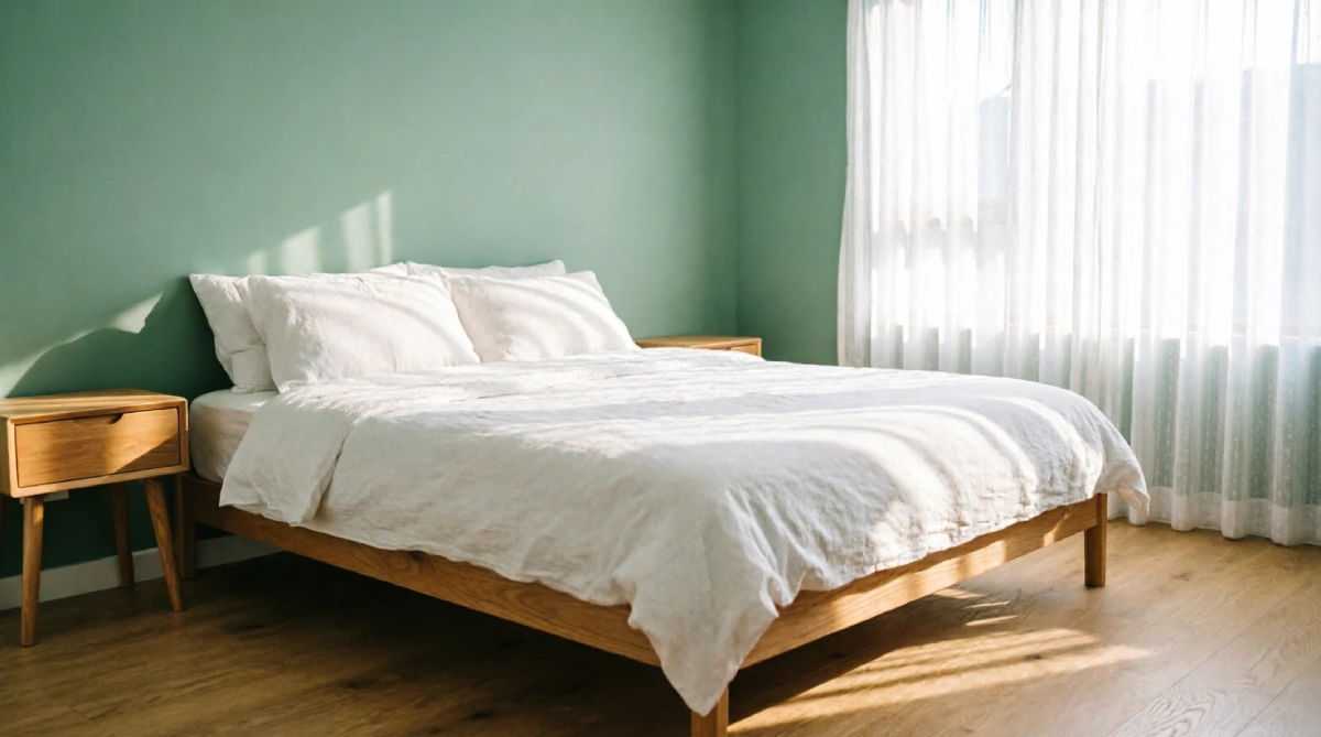 Pale green painted walls creating a cool summer bedroom atmosphere