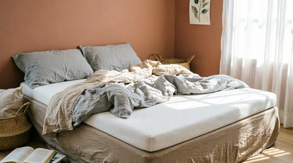 Cooling mattress topper on a bed in a summer bedroom, enhancing comfort and airflow