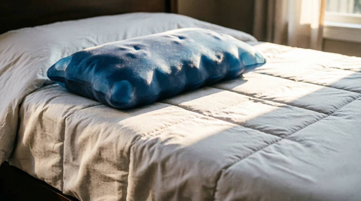 10 Easy Summer Bedroom Upgrades That Improve Sleep - Bedroom - Homedecortoday A bed with a cooling mattress topper and gel pillow in a summer bedroom.