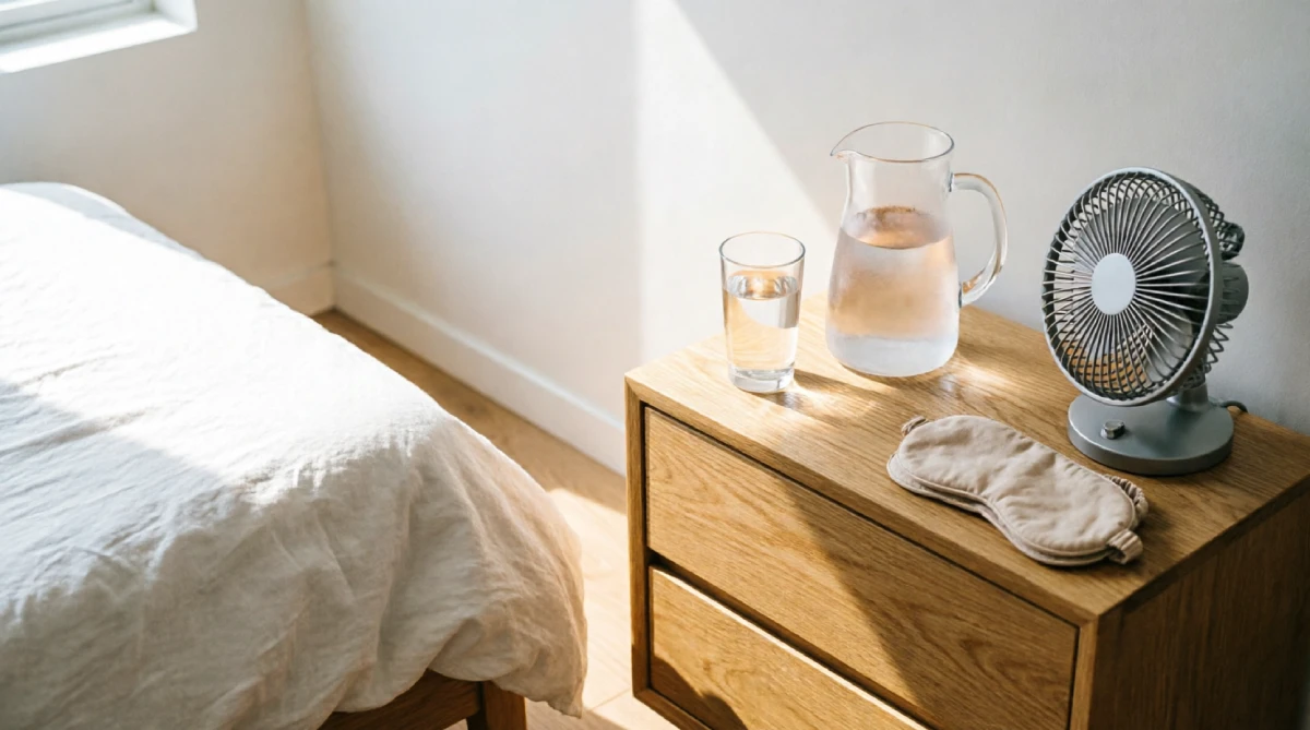 15 Summer Bedroom Styling Ideas for a Relaxing Look - Bedroom - Homedecortoday Bedside table with water carafe, small fan, and eye mask in a bright summer bedroom