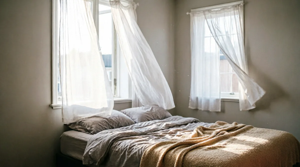 Open windows creating cross-ventilation in a summer bedroom for natural cooling comfort.