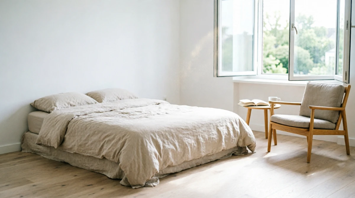 Decluttered summer bedroom promoting coolness and visual peace
