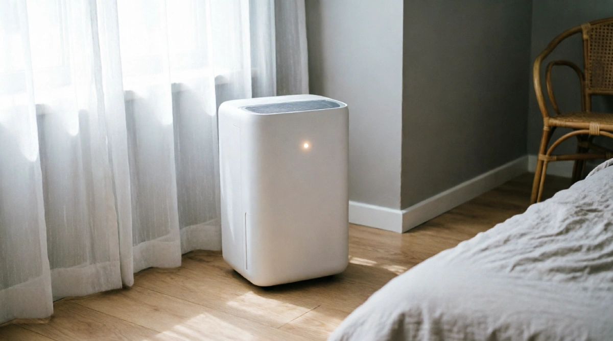 Dehumidifier running in a bedroom to reduce summer stickiness