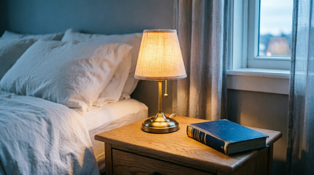 10 Easy Summer Bedroom Upgrades That Improve Sleep - Bedroom - Homedecortoday A dimmed warm lamp on a nightstand in a summer bedroom at dusk