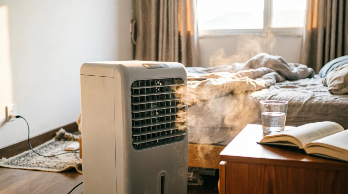 Portable evaporative cooler in a summer bedroom adding comfortable coolness.