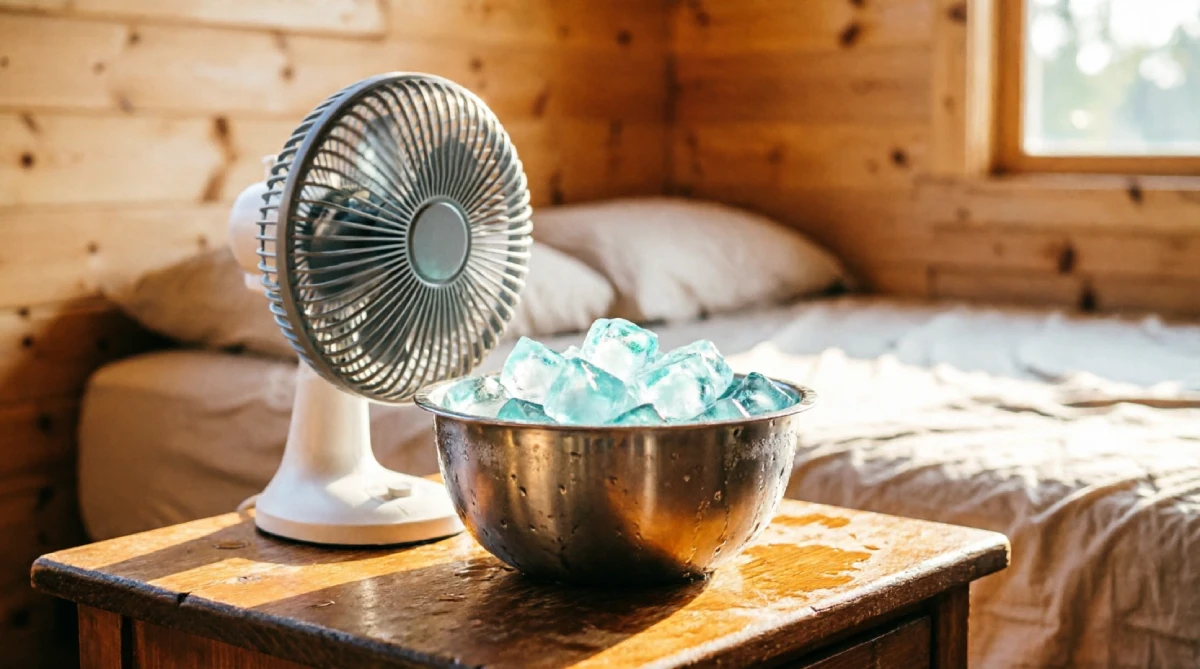 Bowl of ice in front of a fan cooling a summer bedroom