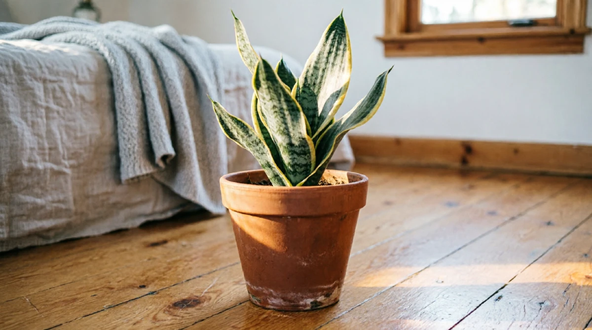 Snake plant in a bedroom helping cool and freshen summer air
