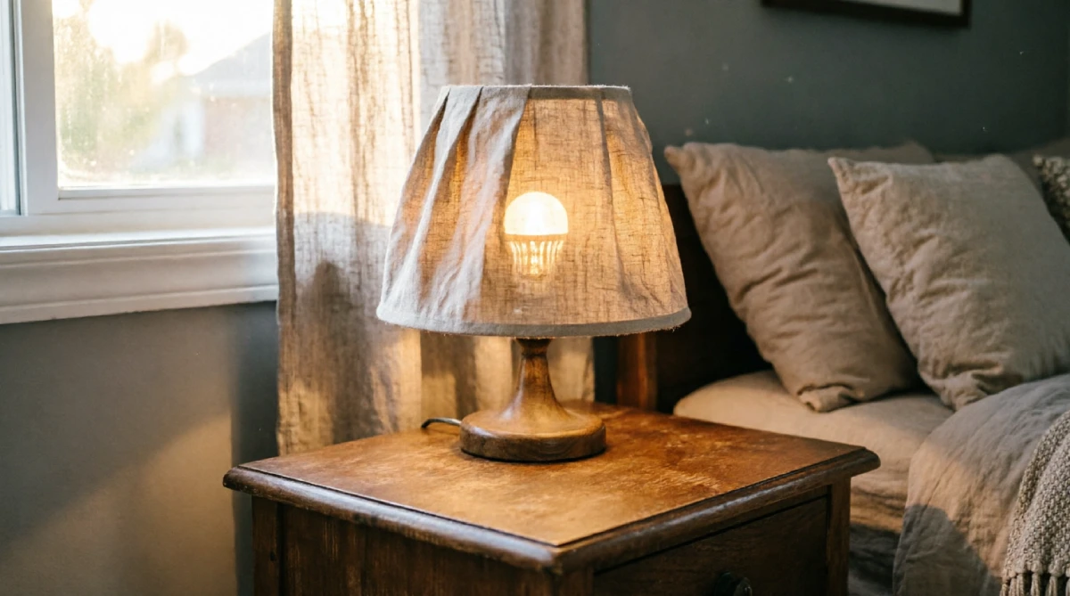 Bedside lamp with LED bulb helping keep summer bedroom cool