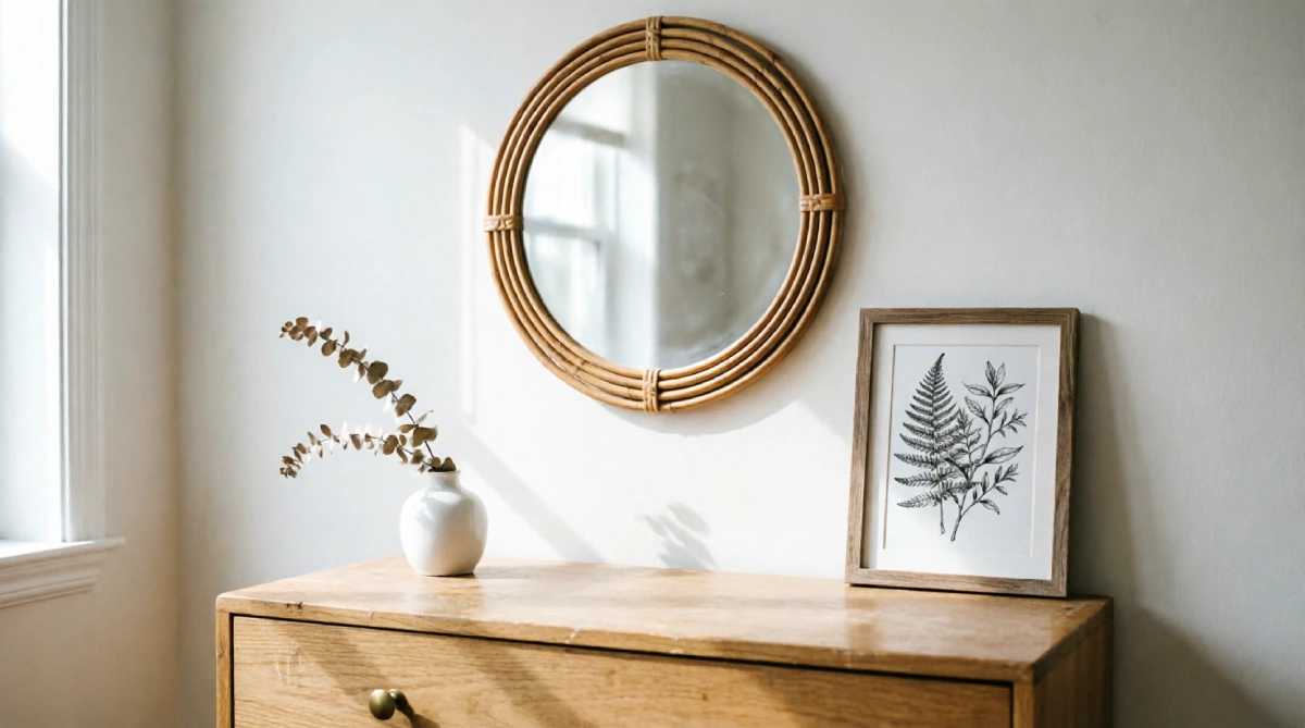 15 Summer Bedroom Styling Ideas for a Relaxing Look - Bedroom - Homedecortoday Wall with a rattan mirror and simple botanical print in a bright summer bedroom