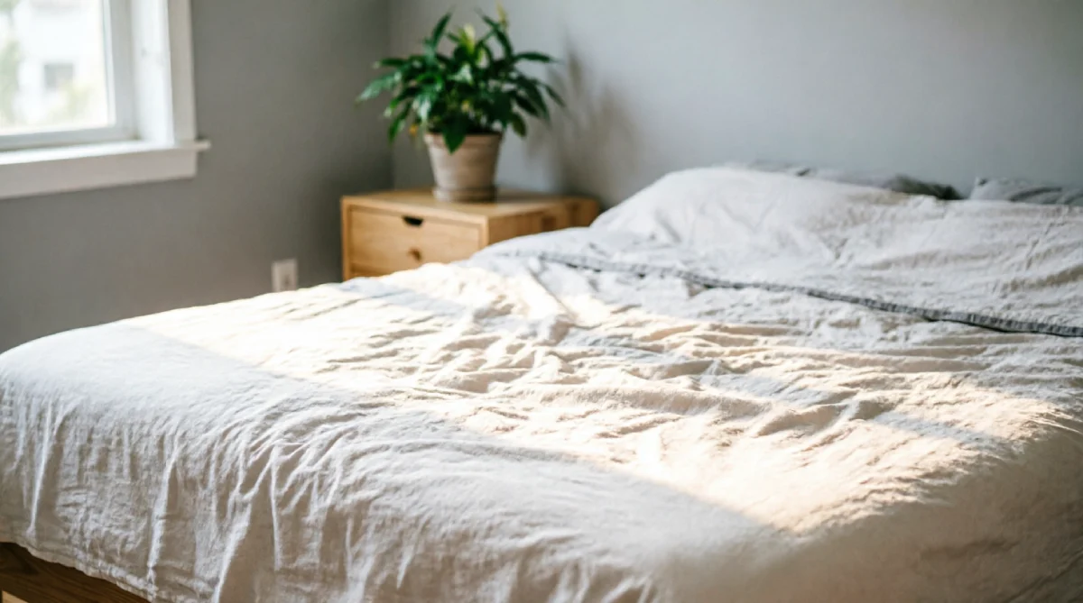 Light cotton bedding folded on a bed in a clutter-free summer bedroom
