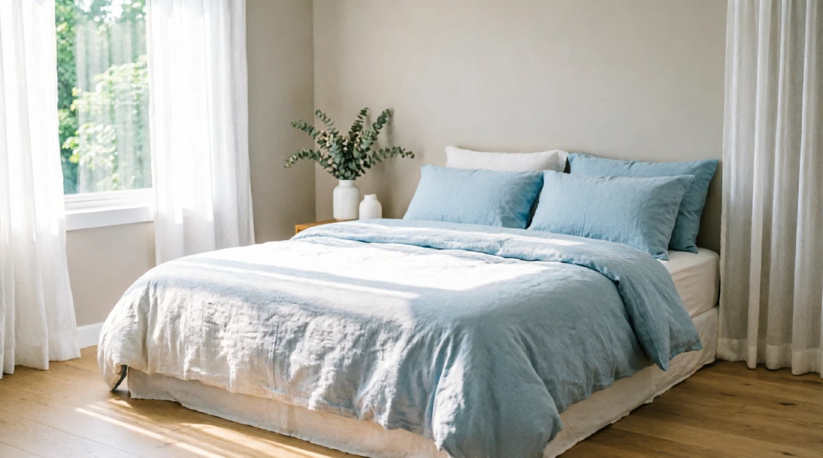 10 Easy Summer Bedroom Upgrades That Improve Sleep - Bedroom - Homedecortoday White and pale blue bedding in a bright summer bedroom