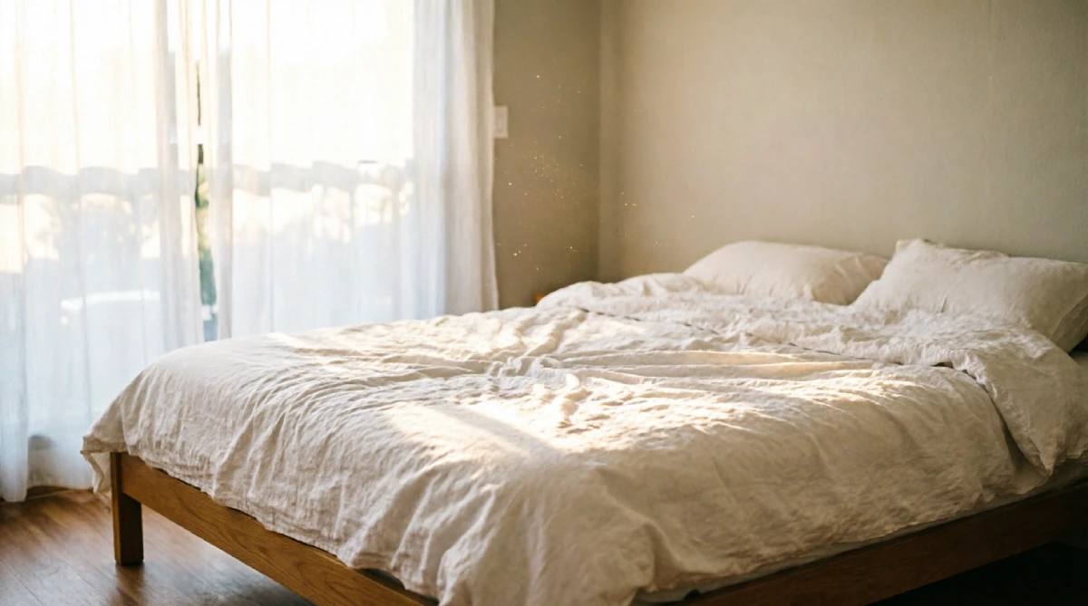 Bedroom in summer with relaxed linen bedding that enhances cool comfort